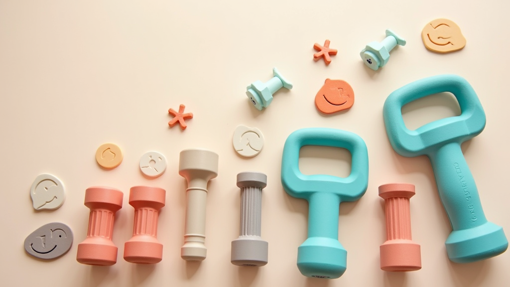 Healthy aging concept: close-up on hand grip strength tools, dumbbells, and wellness icons on a neutral background.