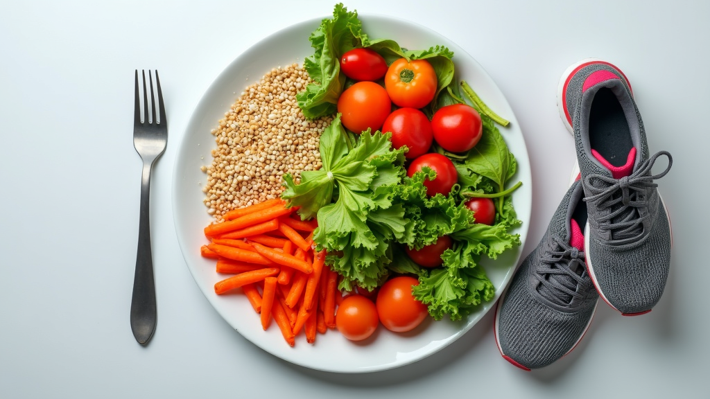 A plate half-filled with colorful vegetables and whole grains, with a small pair of running shoes beside it
